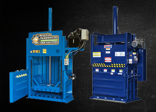 Large blue vertical balers used for processing recycled materials.