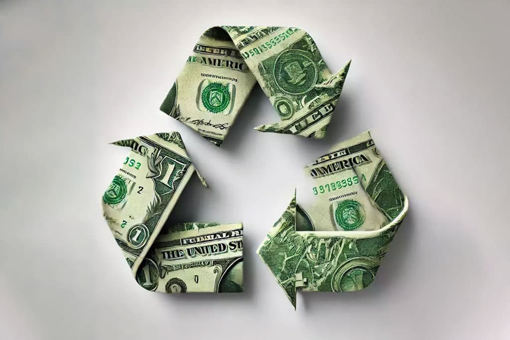 Recycle symbol made of dollar bills